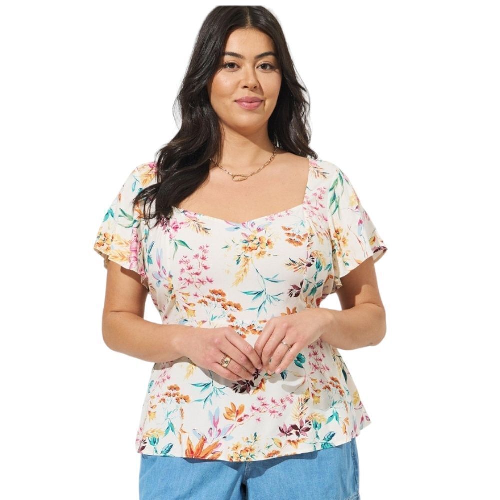 Torrid Peplum Challis Sweetheart Flutter Sleeve Cream Floral Top Size 3X